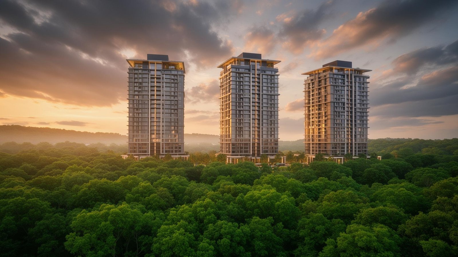 Waterside Residences — three luxury towers above the forest reserve